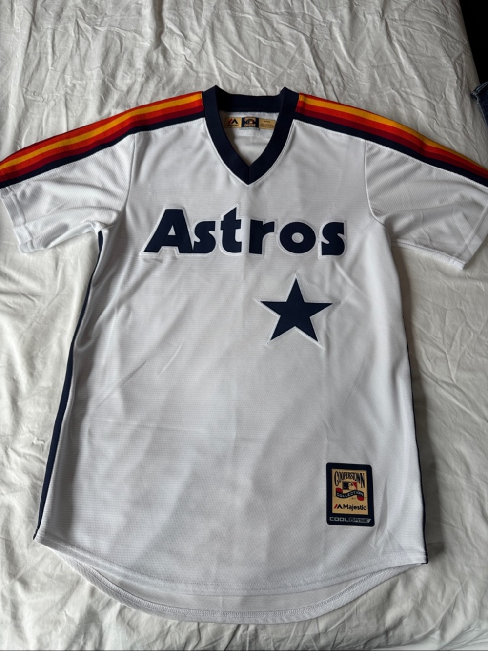 Majestic White Astros Jersey with Navy Logo and Rainbow Shoulder Stripes